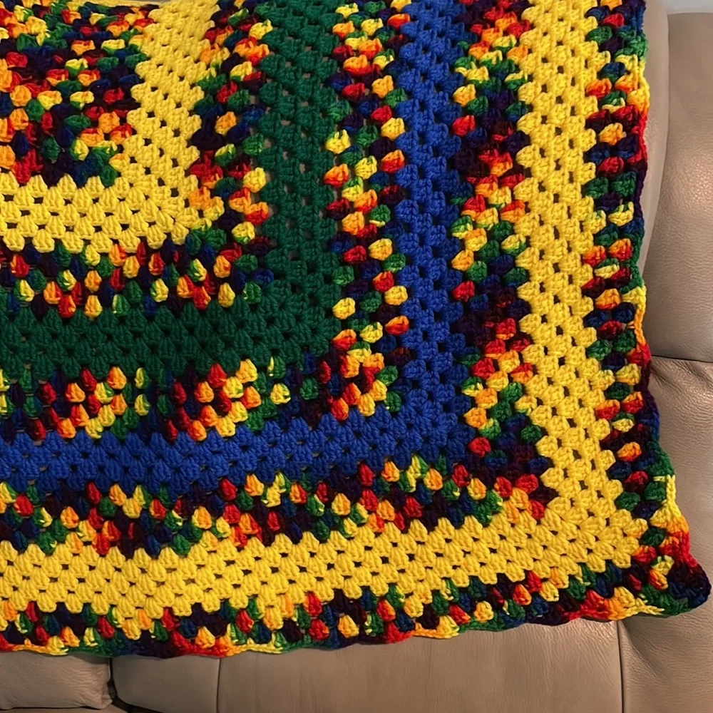 Beautiful vibrant colorful 55 x 43” handmade grandma/Roseanne Afghan throw